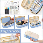 HASTHIP Canvas Large Capacity Pencil Case, Durable Storage Multiple Compartment Double Zipper Portable Capacity Pencil Pouch For College Student Teen, 22X11Cm (Light Blue)