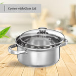 Solimo Set of 3 Stainless Steel Casseroles | Glass Lid | Flat Bottom | Dishwasher-Safe | 16 cm, 18 cm, 20 cm, 2.3 Liter, 3 Liter, 1.7 Liter