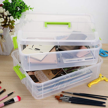 UCRAVO 2 Layer Plastic Storage Containers with Lids, Multipurpose Clear Stack & Carry Box, Portable Craft Organizers, and Storage Bin for Organizing Arts & Crafts, Sewing, stationery box,(MultiColor)