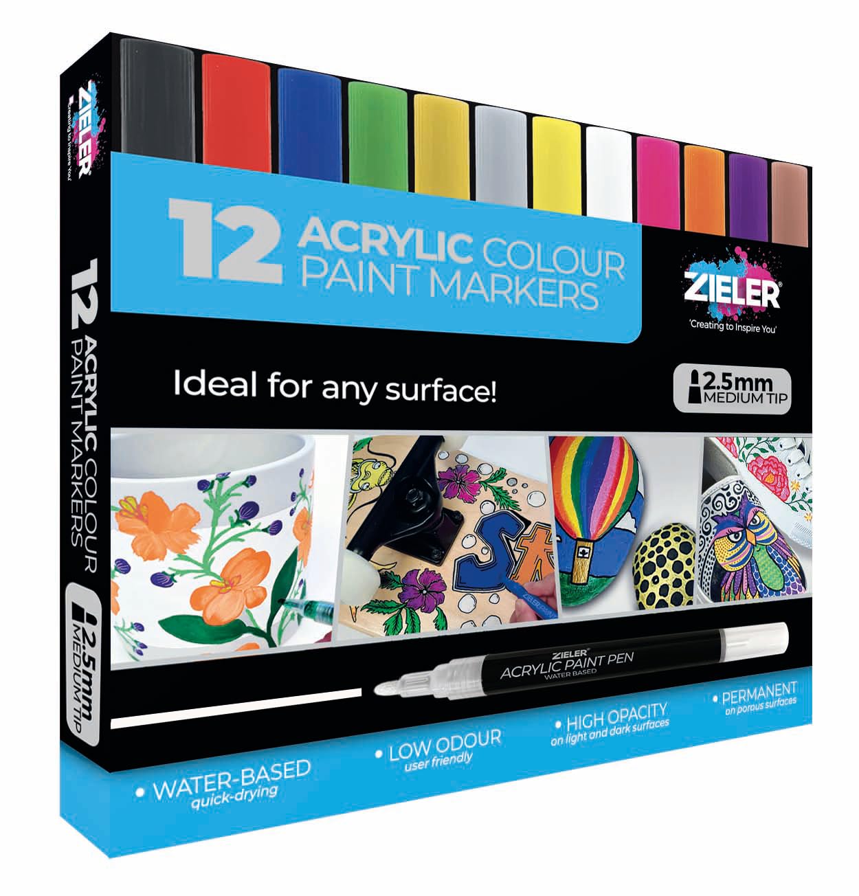 Zieler 12 Acrylic Paint Pens for Rock Painting, Ceramic, Porcelain, Glass, Stone, Pebble, Fabric, Wood & DIY Mug Design Permanent Water-based Marker Pens (Vibrant Colours, Medium Tip - 2.5mm)