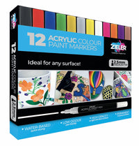 Zieler 12 Acrylic Paint Pens for Rock Painting, Ceramic, Porcelain, Glass, Stone, Pebble, Fabric, Wood & DIY Mug Design Permanent Water-based Marker Pens (Vibrant Colours, Medium Tip - 2.5mm)