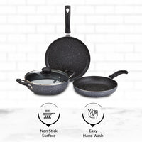 Solimo Aluminium 4 Piece Non-Stick Cookware Set | Granite Finish | Induction Base | Pfoa Free | HTR Exterior Coating | 25Cm Tawa, 22 Cm Kadai, 22Cm Fry Pan, 1 Glass Lid | Grey