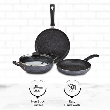Solimo Aluminium 4 Piece Non-Stick Cookware Set | Granite Finish | Induction Base | Pfoa Free | HTR Exterior Coating | 25Cm Tawa, 22 Cm Kadai, 22Cm Fry Pan, 1 Glass Lid | Grey