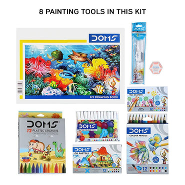 Doms Art Strokes Kit | Perfect Value Pack | Kit for Creative Minds | Gifting Range for Kids | Combination of 10 Stationery Items | Pack of 1