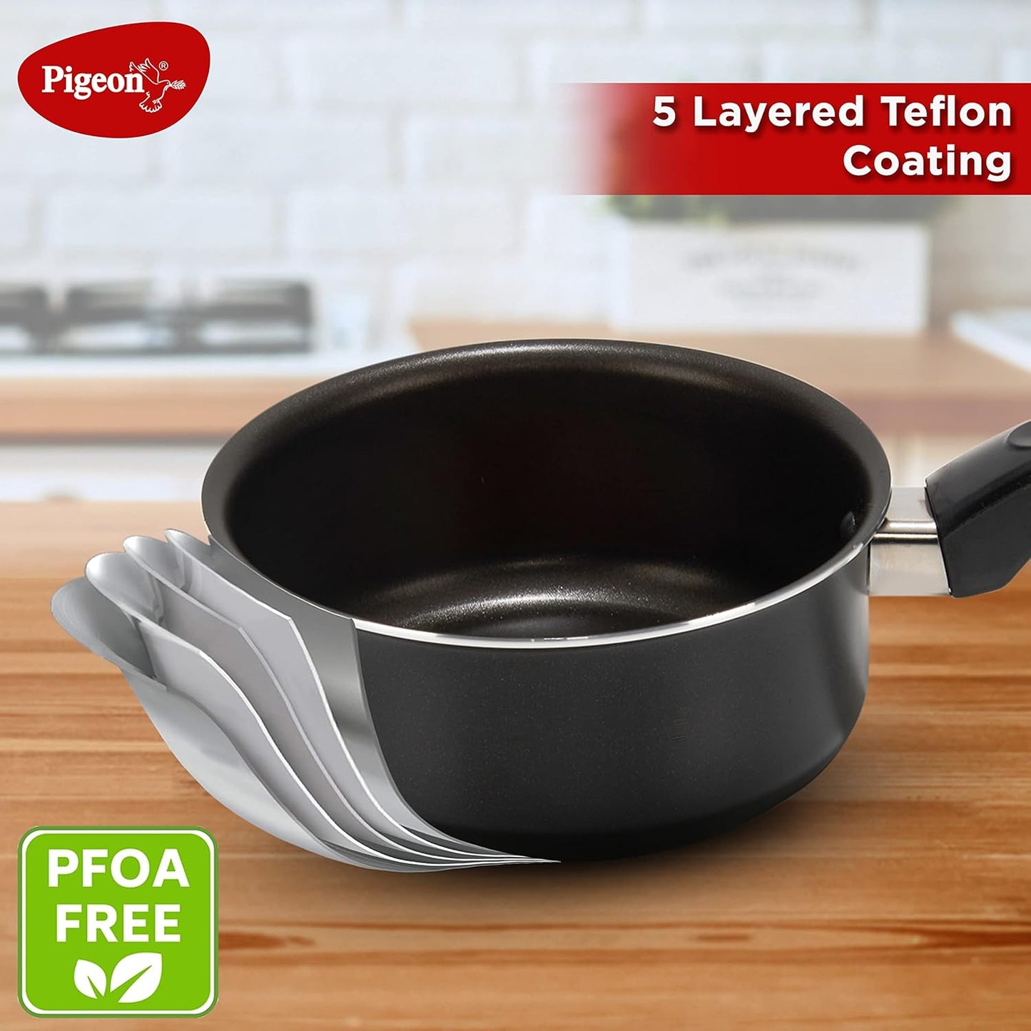 Pigeon Favourite 7 Piece Gift Set Non-Stick Coated Comes with Fry Pan, Kadhai, Lid, Sauce Pan, Spatula, Tadka Pan and a Tawa - Gas Stove Compatible (Black)