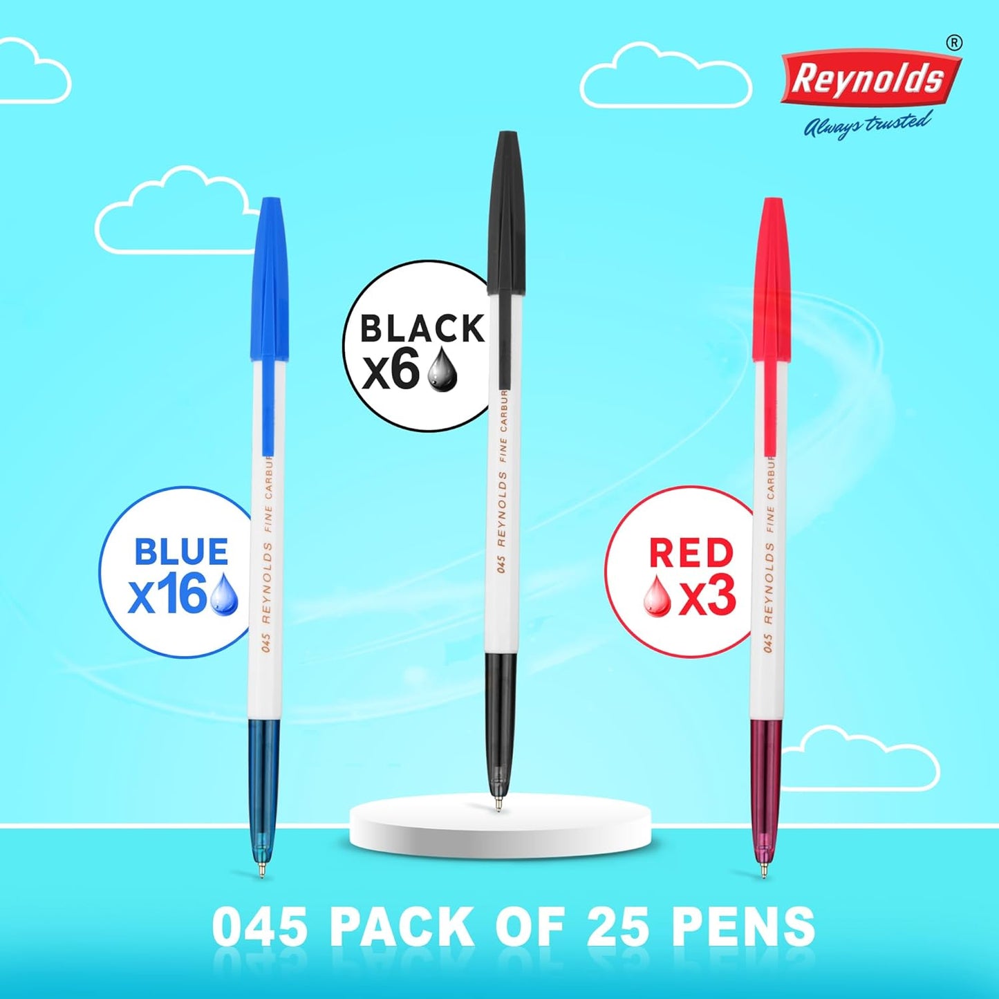 Reynolds 045 Ball Pen SET - 25 PENS (16 BLUE, 6 Black, 3 Red) | PENS WITH COMFORTABLE GRIP |BALL PENS FOR WRITING | PEN FOR STUDENTS & OFFICE STATIONERY | 0.7 mm TIP SIZE