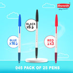 Reynolds 045 Ball Pen SET - 25 PENS (16 BLUE, 6 Black, 3 Red) | PENS WITH COMFORTABLE GRIP |BALL PENS FOR WRITING | PEN FOR STUDENTS & OFFICE STATIONERY | 0.7 mm TIP SIZE