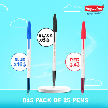 Reynolds 045 Ball Pen SET - 25 PENS (16 BLUE, 6 Black, 3 Red) | PENS WITH COMFORTABLE GRIP |BALL PENS FOR WRITING | PEN FOR STUDENTS & OFFICE STATIONERY | 0.7 mm TIP SIZE