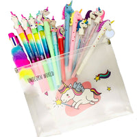 NOIee Combo of Unicorn Stationery Pens and Pencils Combo of 8+1 Unicorn Pen with Unicorn Transparent Big Pouch Stationery Combo for Kids Best Gift