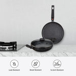 Solimo Aluminium 3 Piece Non-Stick Cookware Set Detachable Handle |Granite Finish | Induction Base | Pfoa Free | High Temperature Resistant Exterior Coating | Black