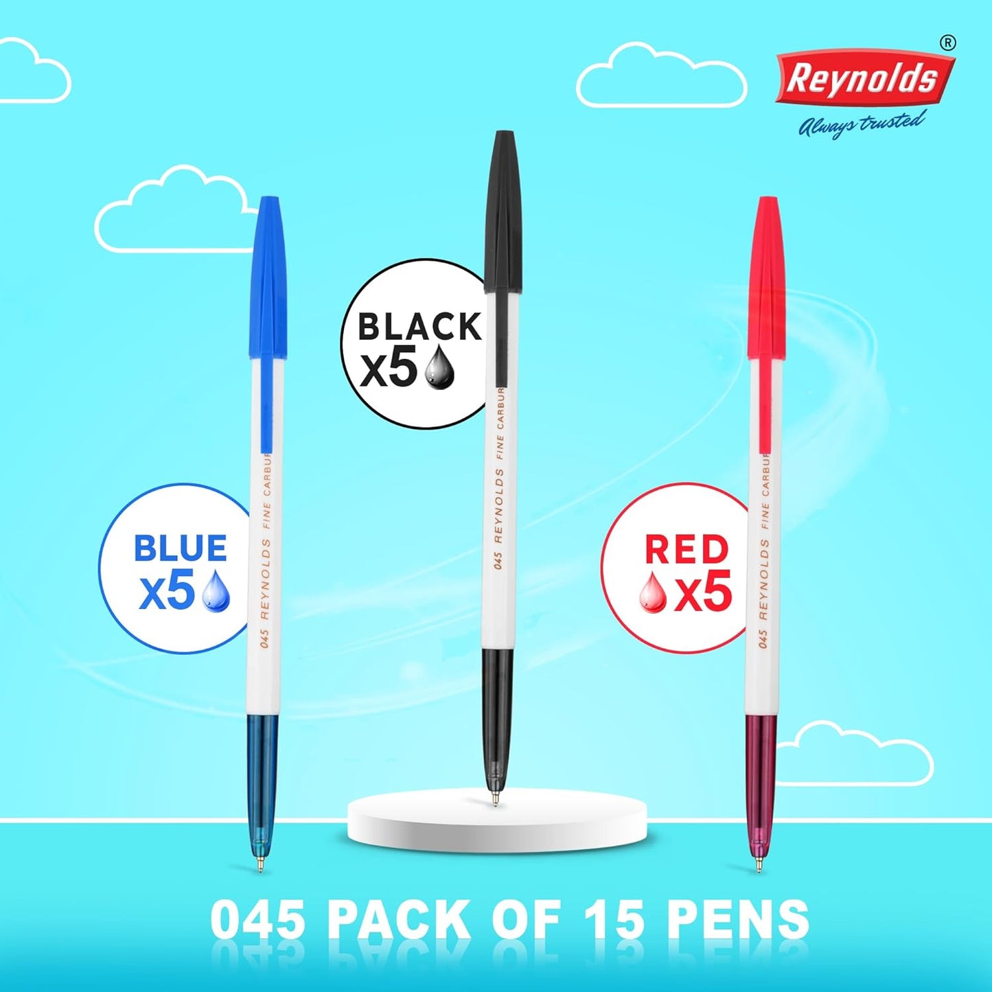 Reynolds 045 PACK OF 15 PENS (POUCH) - 5 BLUE. 5 BLACK, 5 RED | Ball Point Pen Set With Comfortable Grip | Pens For Writing | School and Office Stationery | Pens For Students | 0.7mm Tip Size