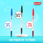 Reynolds 045 PACK OF 15 PENS (POUCH) - 5 BLUE. 5 BLACK, 5 RED | Ball Point Pen Set With Comfortable Grip | Pens For Writing | School and Office Stationery | Pens For Students | 0.7mm Tip Size