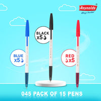 Reynolds 045 PACK OF 15 PENS (POUCH) - 5 BLUE. 5 BLACK, 5 RED | Ball Point Pen Set With Comfortable Grip | Pens For Writing | School and Office Stationery | Pens For Students | 0.7mm Tip Size