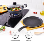 Solimo Aluminium 3 Piece Non-Stick Cookware Set|Granite Finish|Induction Base|Pfoa Free|High Temperature Resistant Exterior Coating|25 Cm Tawa,22 Cm Kadai,1 Glass Lid|Grey