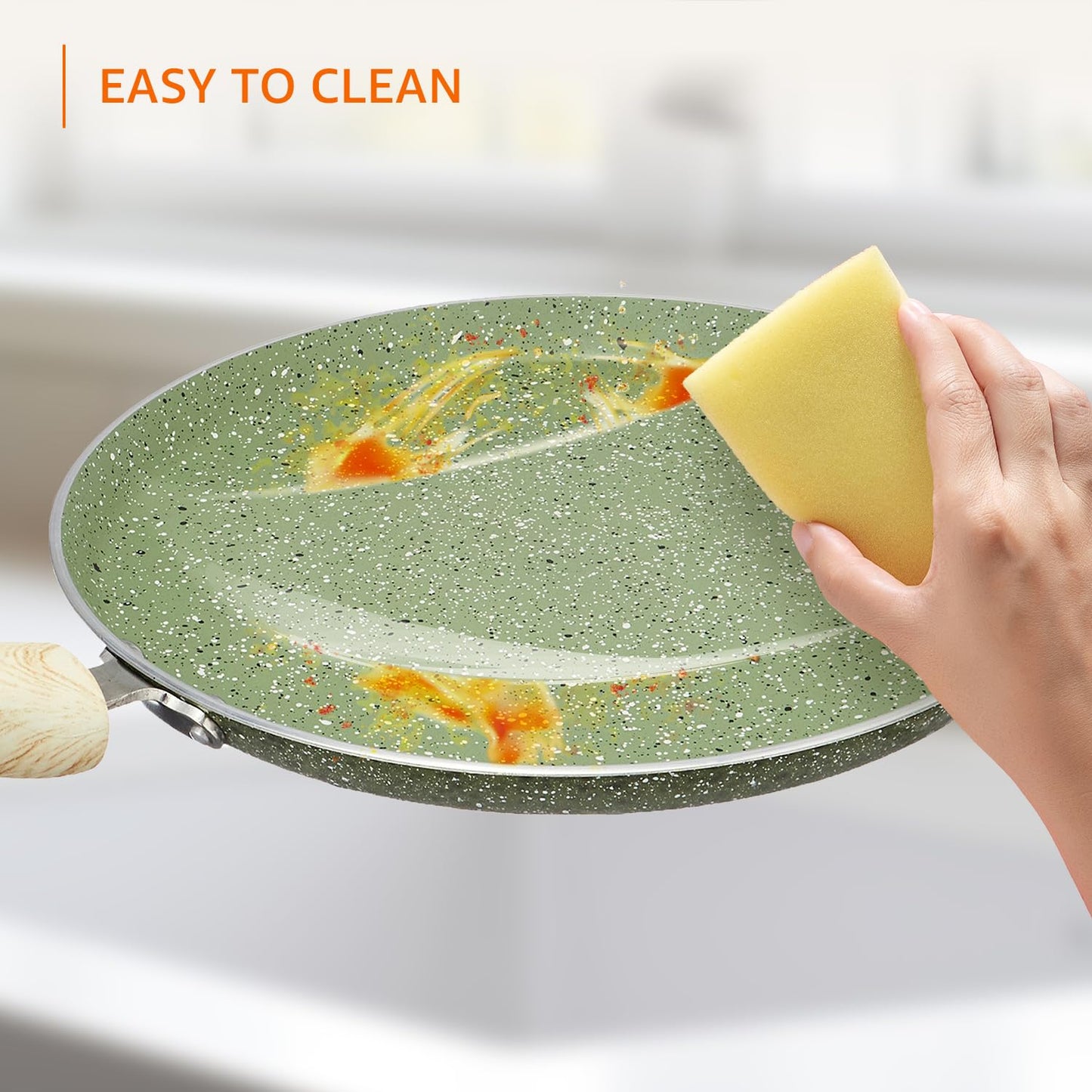Granite Finish Non Stick 5 Pcs Induction Base Cookware Set- Granite Finish Olive Green (24cm Fry Pan, 24 cm Kadai, 28cm Tawa and 2 Nylon Spatulas)