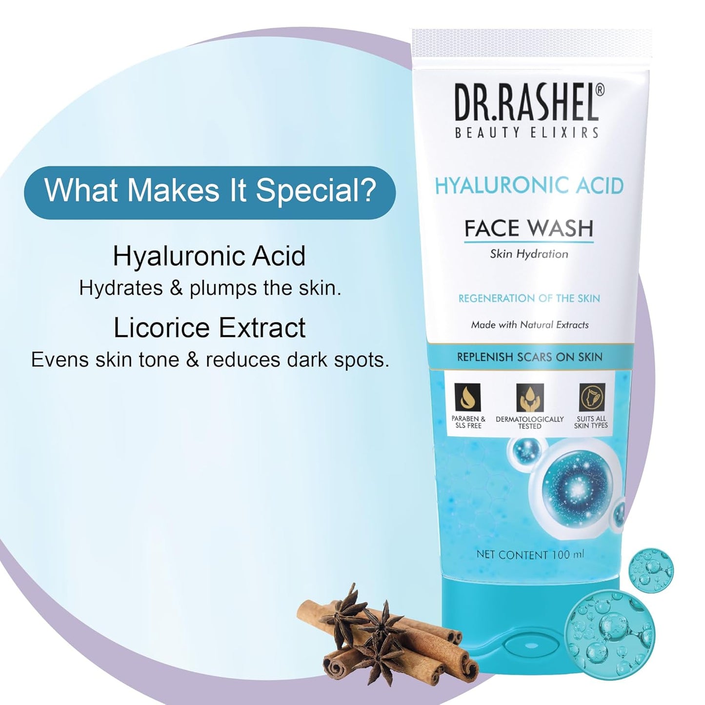 DR.RASHEL Hyaluronic Acid Face Wash For Men & Women Concentrate for Deep Cleansing & Clove Purifying Face Wash With Natural Ingredients Suitable For All Skin Oily to Normal - 100 ML