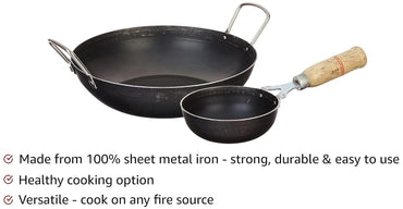 Solimo Sheet Metal Iron Cookware Set of 2 Pcs (Kadai 24 cm, Tadka Pan 13 cm) (Black)