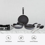 Solimo 6 Piece Non-Stick Cookware Set | Granite Finish | Induction Base | PFOA Free | HTR Exterior Coating | 25cm Tawa, 22 cm Kadai, 22cm Fry Pan, 1 Glass Lid & 2 Nylon Spatulas | Grey