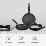 Solimo Aluminium 4 Piece Non-Stick Cookware Set with Detachable Handle | Granite Finish | Induction Base | Pfoa Free | HTR Exterior Coating | Black