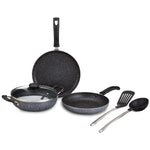 Solimo 6 Piece Non-Stick Cookware Set | Granite Finish | Induction Base | PFOA Free | HTR Exterior Coating | 25cm Tawa, 22 cm Kadai, 22cm Fry Pan, 1 Glass Lid & 2 Nylon Spatulas | Grey
