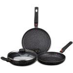 Solimo Aluminium 4 Piece Non-Stick Cookware Set with Detachable Handle | Granite Finish | Induction Base | Pfoa Free | HTR Exterior Coating | Black