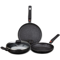 Solimo Aluminium 4 Piece Non-Stick Cookware Set with Detachable Handle | Granite Finish | Induction Base | Pfoa Free | HTR Exterior Coating | Black