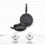 Solimo Aluminium 3 Piece Non-Stick Cookware Set Detachable Handle |Granite Finish | Induction Base | Pfoa Free | High Temperature Resistant Exterior Coating | Black