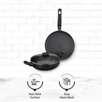 Solimo Aluminium 3 Piece Non-Stick Cookware Set Detachable Handle |Granite Finish | Induction Base | Pfoa Free | High Temperature Resistant Exterior Coating | Black