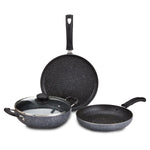 Solimo Aluminium 4 Piece Non-Stick Cookware Set | Granite Finish | Induction Base | Pfoa Free | HTR Exterior Coating | 25Cm Tawa, 22 Cm Kadai, 22Cm Fry Pan, 1 Glass Lid | Grey