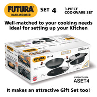 Hawkins Futura 3 Pieces Cookware Set 4 - Hard Anodised Tava, Kadhai, Cook-n-Serve Bowl with One Hard Anodised Lid, Black (ASET4)