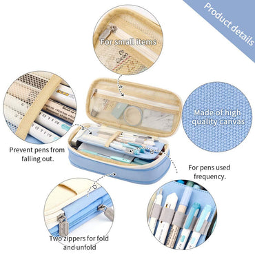 HASTHIP Canvas Large Capacity Pencil Case, Durable Storage Multiple Compartment Double Zipper Portable Capacity Pencil Pouch For College Student Teen, 22X11Cm (Light Blue)
