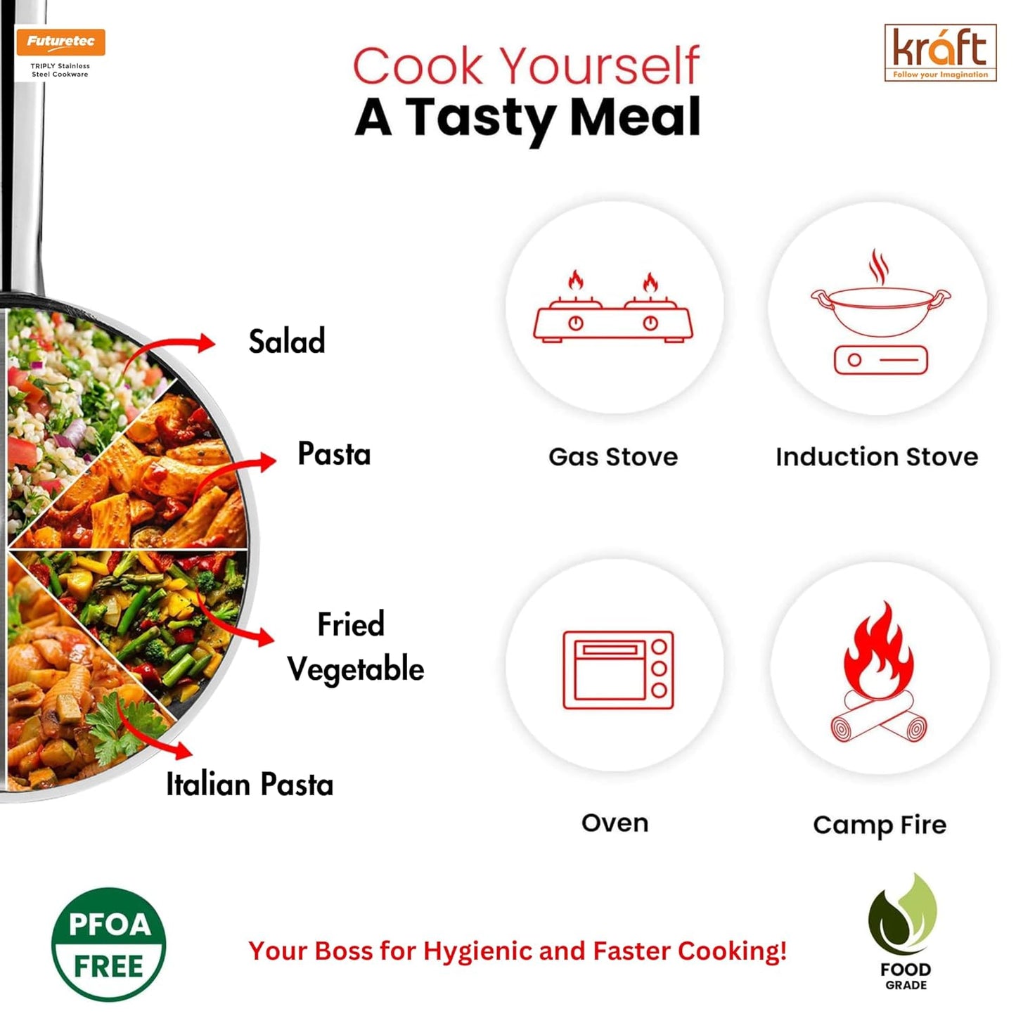 Kraft Futuretec Triply Stainless Steel Cookware Set | 4 Pc Triply Cookware Set | Kadai with Lid (22 cm, 3.2l), Frypan (22 cm), Saucepan (16 cm, 1.6L) | Gas, Induction, Oven Friendly | 5-Year Warranty