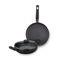 Solimo Aluminium 3 Piece Non-Stick Cookware Set Detachable Handle |Granite Finish | Induction Base | Pfoa Free | High Temperature Resistant Exterior Coating | Black