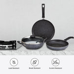 Solimo Aluminium 4 Piece Non-Stick Cookware Set | Granite Finish | Induction Base | Pfoa Free | HTR Exterior Coating | 25Cm Tawa, 22 Cm Kadai, 22Cm Fry Pan, 1 Glass Lid | Grey