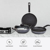 Solimo Aluminium 4 Piece Non-Stick Cookware Set | Granite Finish | Induction Base | Pfoa Free | HTR Exterior Coating | 25Cm Tawa, 22 Cm Kadai, 22Cm Fry Pan, 1 Glass Lid | Grey