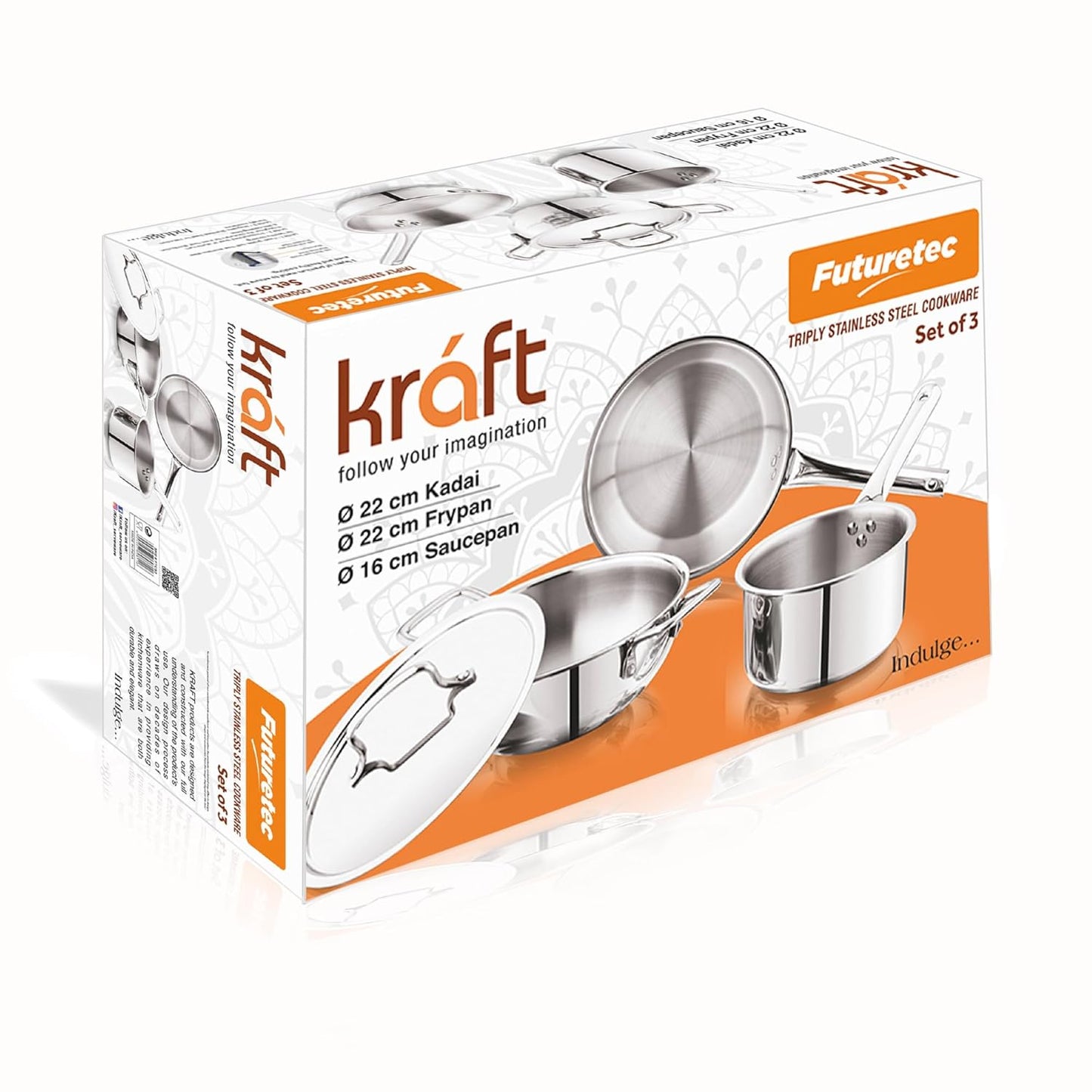 Kraft Futuretec Triply Stainless Steel Cookware Set | 4 Pc Triply Cookware Set | Kadai with Lid (22 cm, 3.2l), Frypan (22 cm), Saucepan (16 cm, 1.6L) | Gas, Induction, Oven Friendly | 5-Year Warranty