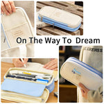 HASTHIP Canvas Large Capacity Pencil Case, Durable Storage Multiple Compartment Double Zipper Portable Capacity Pencil Pouch For College Student Teen, 22X11Cm (Light Blue)