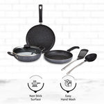 Solimo 6 Piece Non-Stick Cookware Set | Granite Finish | Induction Base | PFOA Free | HTR Exterior Coating | 25cm Tawa, 22 cm Kadai, 22cm Fry Pan, 1 Glass Lid & 2 Nylon Spatulas | Grey
