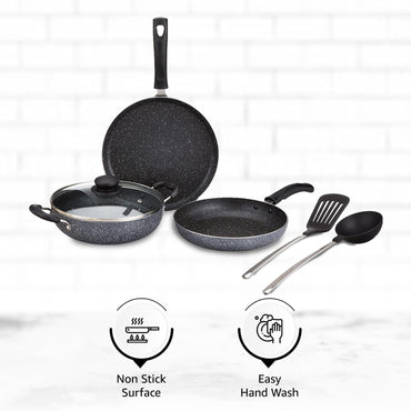 Solimo 6 Piece Non-Stick Cookware Set | Granite Finish | Induction Base | PFOA Free | HTR Exterior Coating | 25cm Tawa, 22 cm Kadai, 22cm Fry Pan, 1 Glass Lid & 2 Nylon Spatulas | Grey