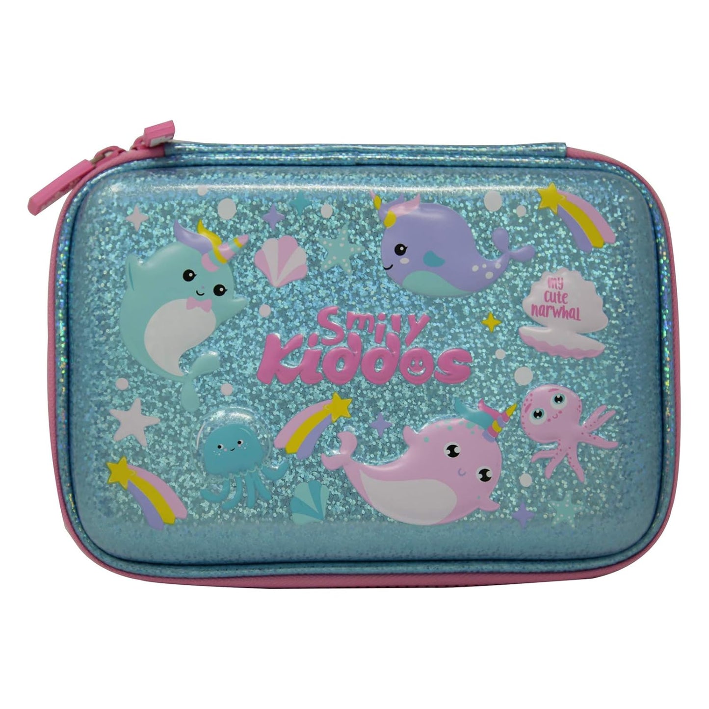 Smily Kiddos Sparkle Pencil Case - Narwhale Theme (Light Blue) School Pencil Cases For Boys&Girls|Birthday Return Gifts|Kids School Supplies|Kids School Stationery|Hardtop Pencil Cases