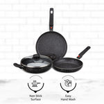 Solimo Aluminium 4 Piece Non-Stick Cookware Set with Detachable Handle | Granite Finish | Induction Base | Pfoa Free | HTR Exterior Coating | Black
