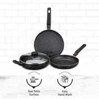 Solimo Aluminium 4 Piece Non-Stick Cookware Set with Detachable Handle | Granite Finish | Induction Base | Pfoa Free | HTR Exterior Coating | Black