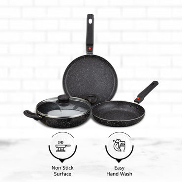 Solimo Aluminium 4 Piece Non-Stick Cookware Set with Detachable Handle | Granite Finish | Induction Base | Pfoa Free | HTR Exterior Coating | Black