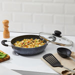 Solimo 6 Piece Non-Stick Cookware Set | Granite Finish | Induction Base | PFOA Free | HTR Exterior Coating | 25cm Tawa, 22 cm Kadai, 22cm Fry Pan, 1 Glass Lid & 2 Nylon Spatulas | Grey