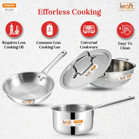 Kraft Futuretec Triply Stainless Steel Cookware Set | 4 Pc Triply Cookware Set | Kadai with Lid (22 cm, 3.2l), Frypan (22 cm), Saucepan (16 cm, 1.6L) | Gas, Induction, Oven Friendly | 5-Year Warranty