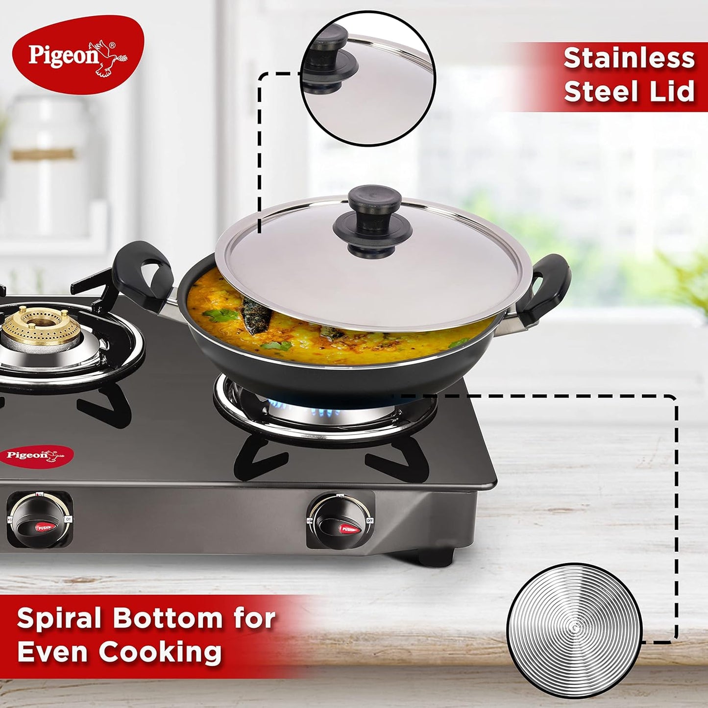 Pigeon Favourite 7 Piece Gift Set Non-Stick Coated Comes with Fry Pan, Kadhai, Lid, Sauce Pan, Spatula, Tadka Pan and a Tawa - Gas Stove Compatible (Black)
