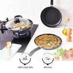 Solimo Aluminium 4 Piece Non-Stick Cookware Set | Granite Finish | Induction Base | Pfoa Free | HTR Exterior Coating | 25Cm Tawa, 22 Cm Kadai, 22Cm Fry Pan, 1 Glass Lid | Grey