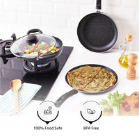 Solimo Aluminium 4 Piece Non-Stick Cookware Set | Granite Finish | Induction Base | Pfoa Free | HTR Exterior Coating | 25Cm Tawa, 22 Cm Kadai, 22Cm Fry Pan, 1 Glass Lid | Grey