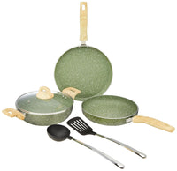 Granite Finish Non Stick 5 Pcs Induction Base Cookware Set- Granite Finish Olive Green (24cm Fry Pan, 24 cm Kadai, 28cm Tawa and 2 Nylon Spatulas)