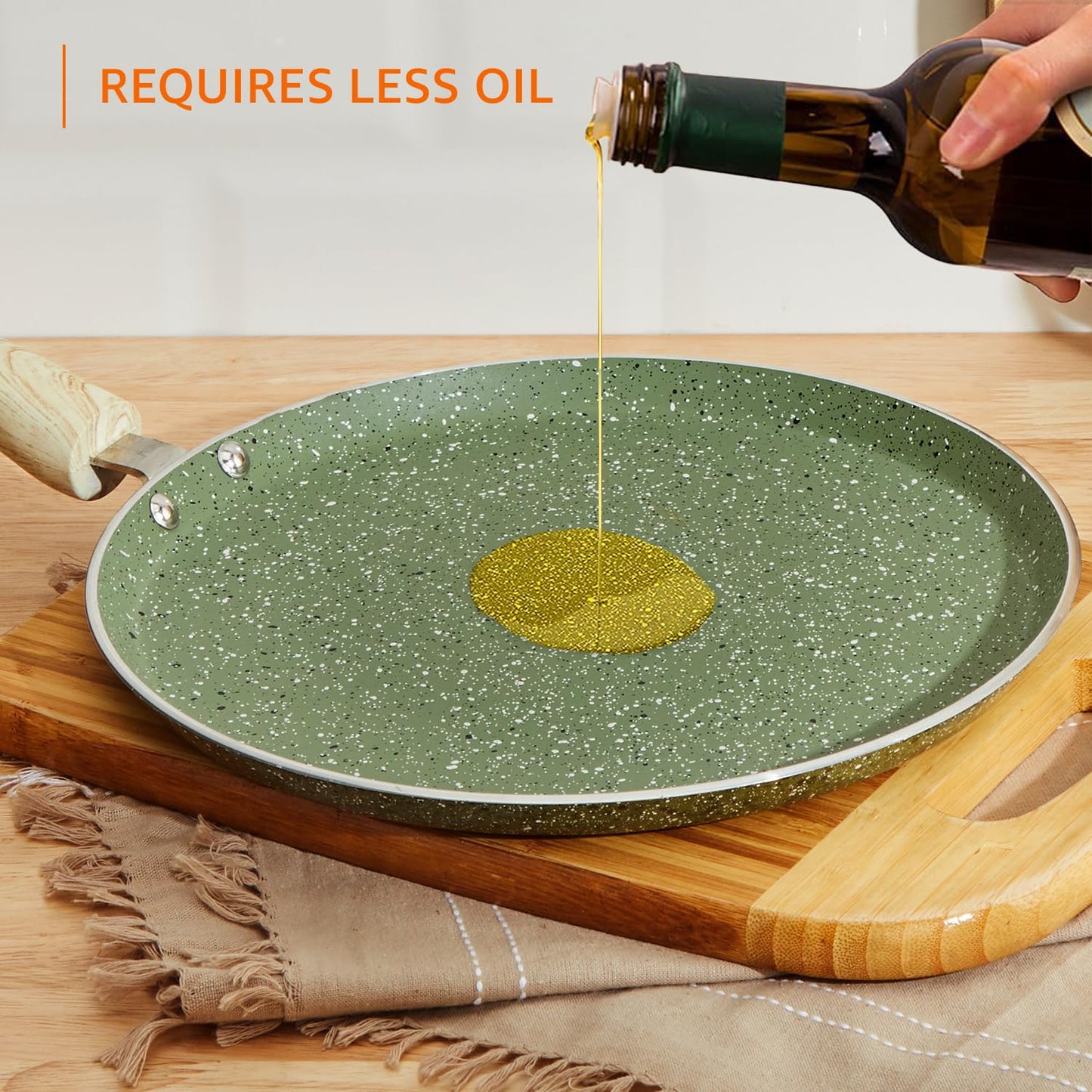 Granite Finish Non Stick 5 Pcs Induction Base Cookware Set- Granite Finish Olive Green (24cm Fry Pan, 24 cm Kadai, 28cm Tawa and 2 Nylon Spatulas)